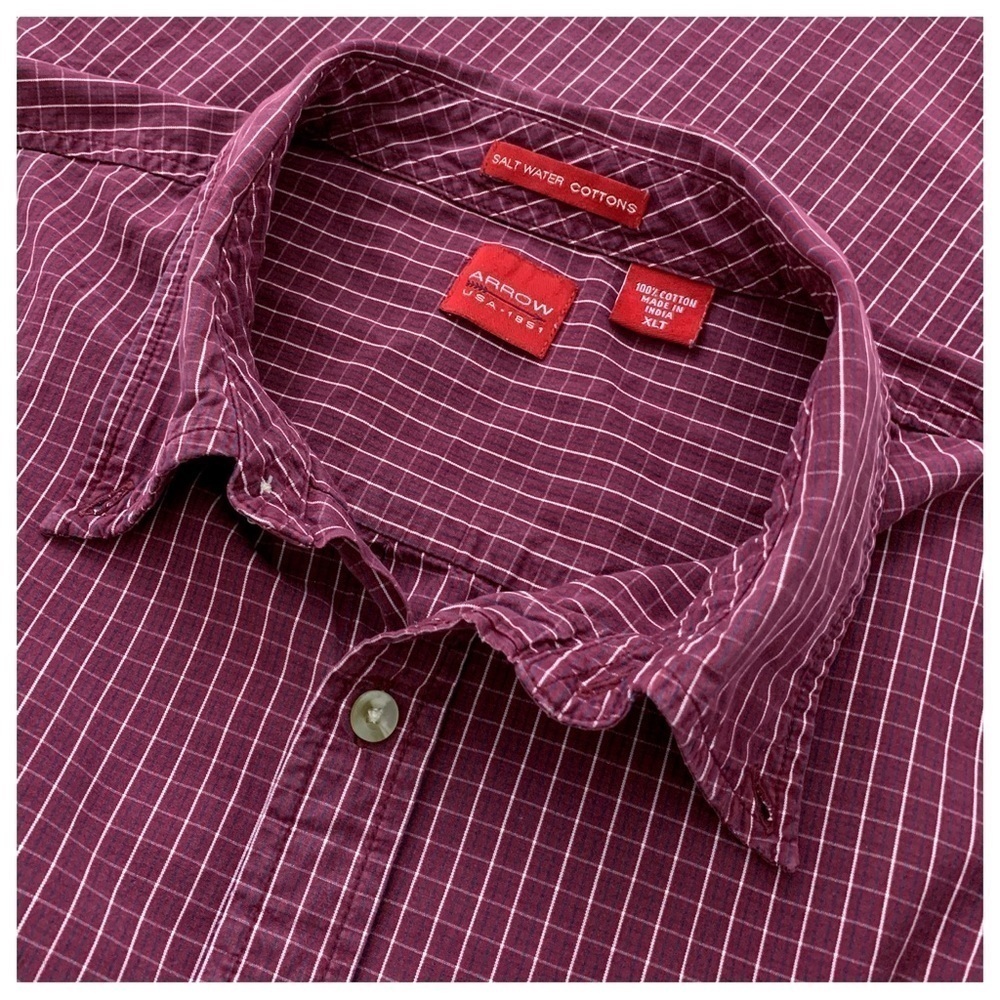 #03 Arrow Burgundy Wine White Check Collared Button Down Shirt Top XL Tall XLT - Picture 3 of 3